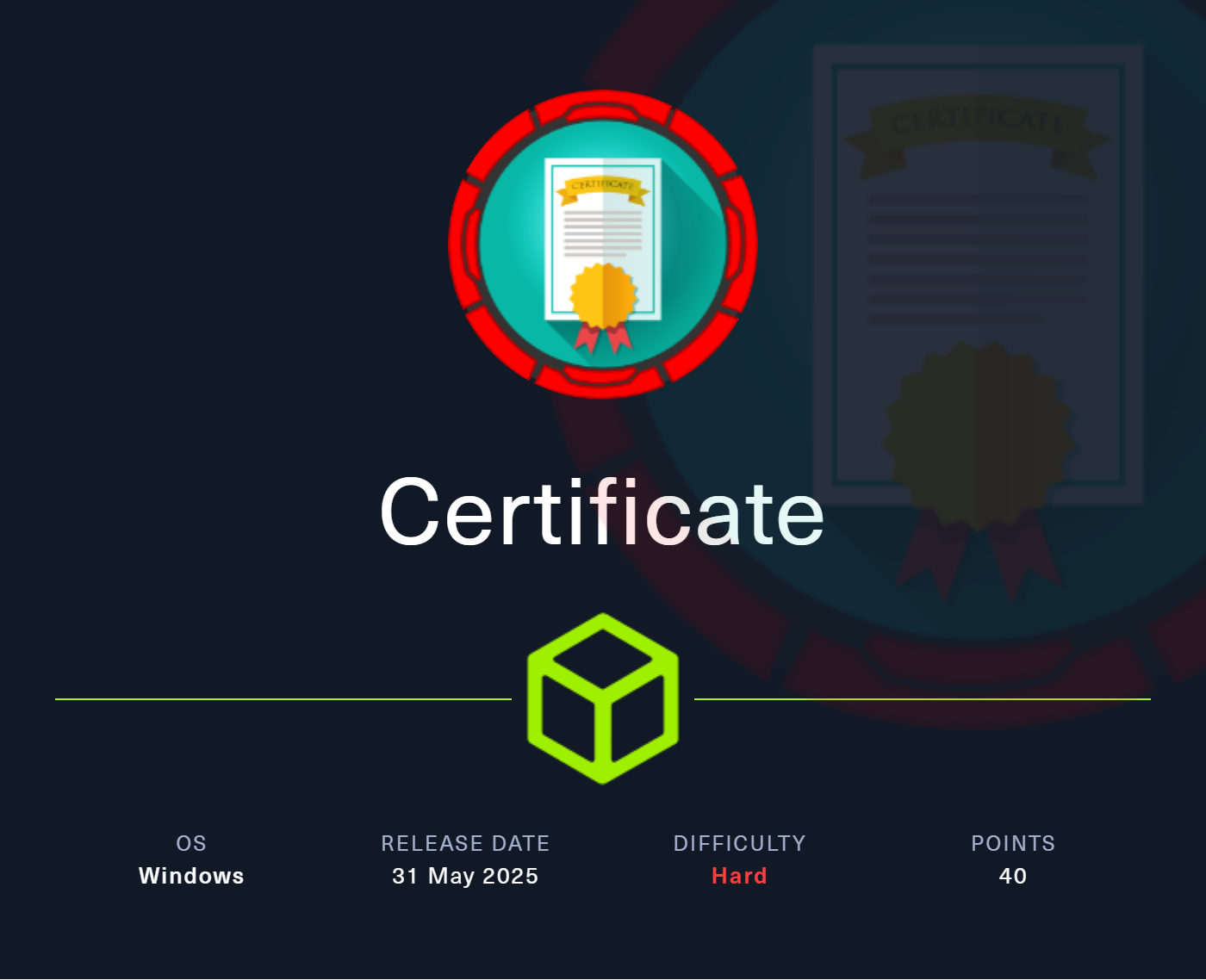 A imagem mostra um certificado com um selo dourado. Abaixo vemos o nome da máquina: Certificate
