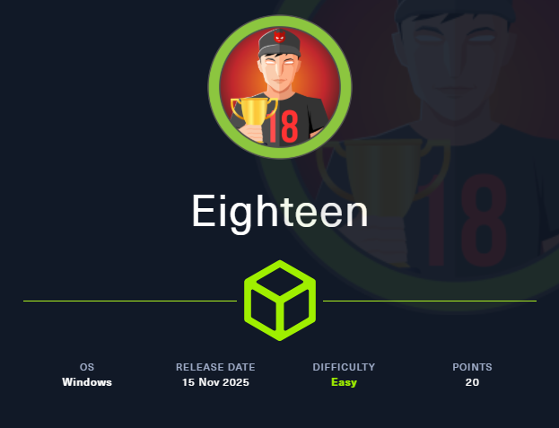 Um rapaz com uma camisa preta e o número 18 estampado segura um troféu dourado. Abaixo vemos o nome da máquina: Eighteen.