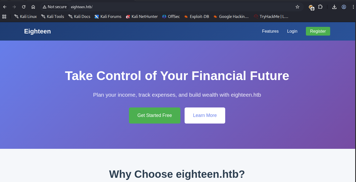 A imagem mostra a home page do planejador financeiro Eighteen