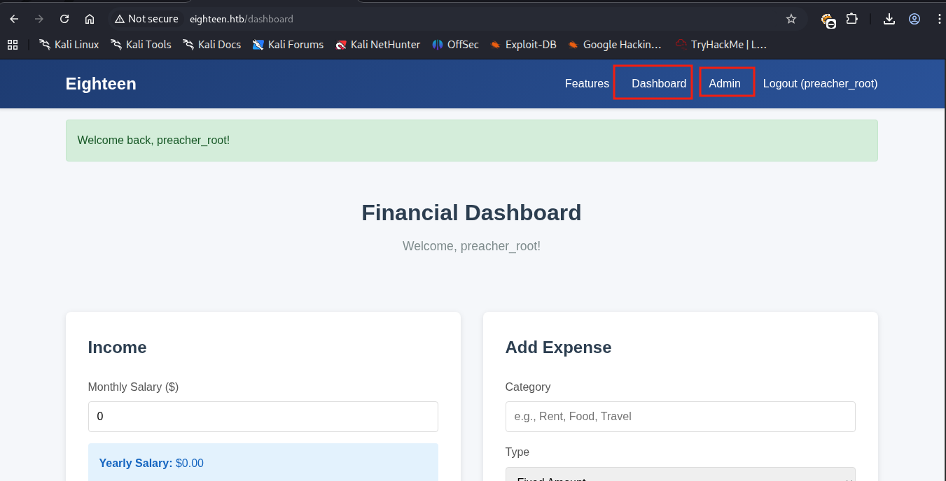 A imagem mostra a dashboard do planejador financeiro Eighteen