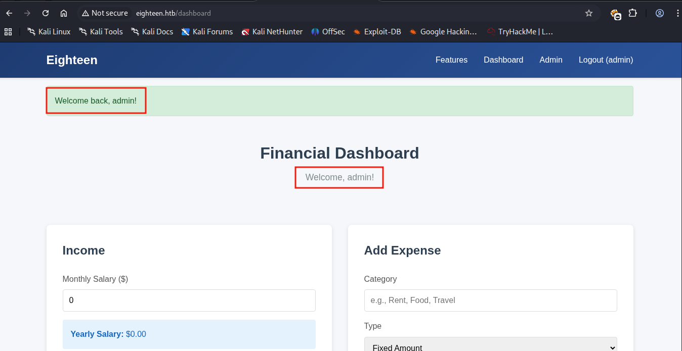 A imagem mostra o dashboard do site, mas agora o usuário é o admin