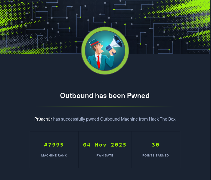 Mesma imagem do início, porém agora diz abaixo: Outbound has been pwned