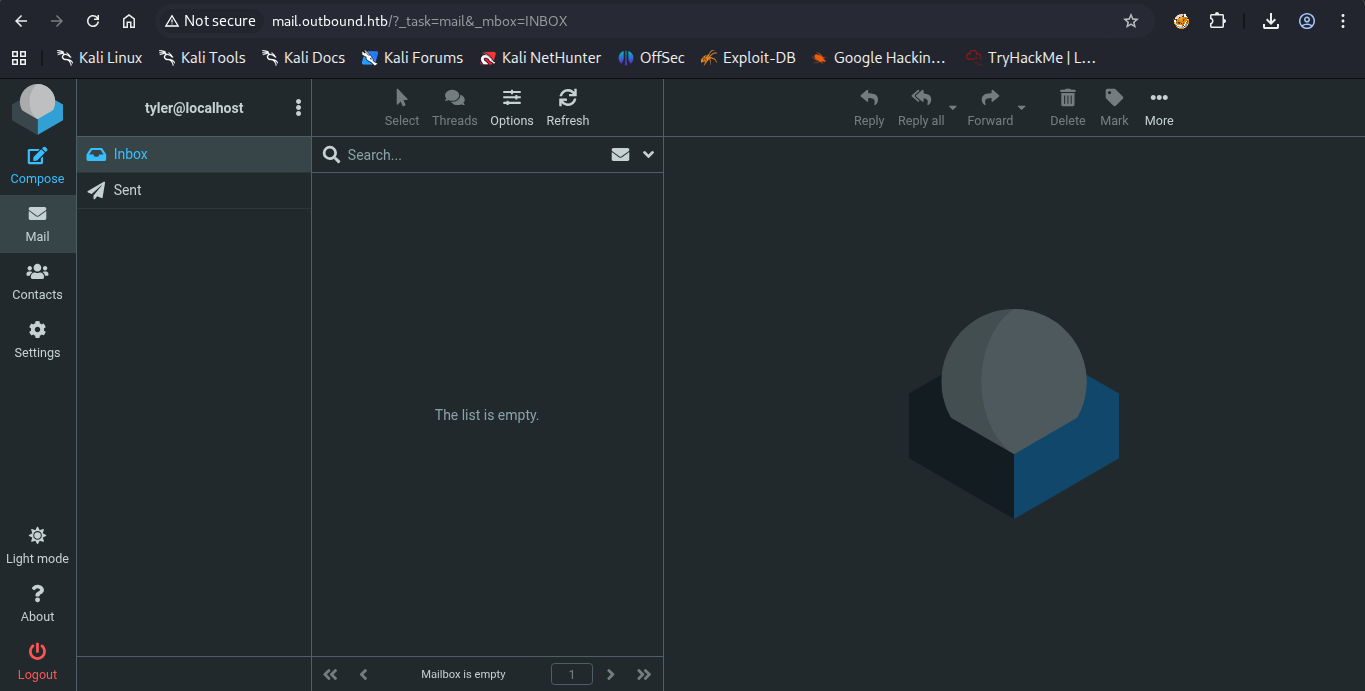A imagem mostra a caixa de entrada de e-mails do usuário tyler