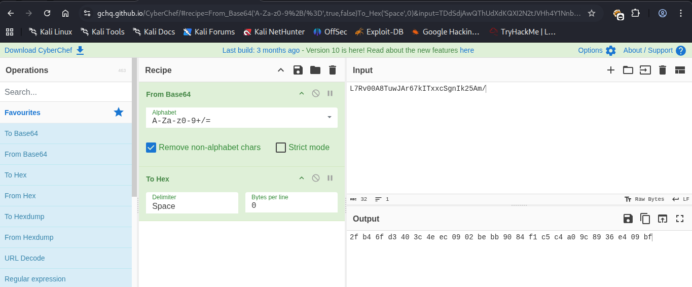A imagem mostra o texto em base64 sendo transformado em hexadecimal