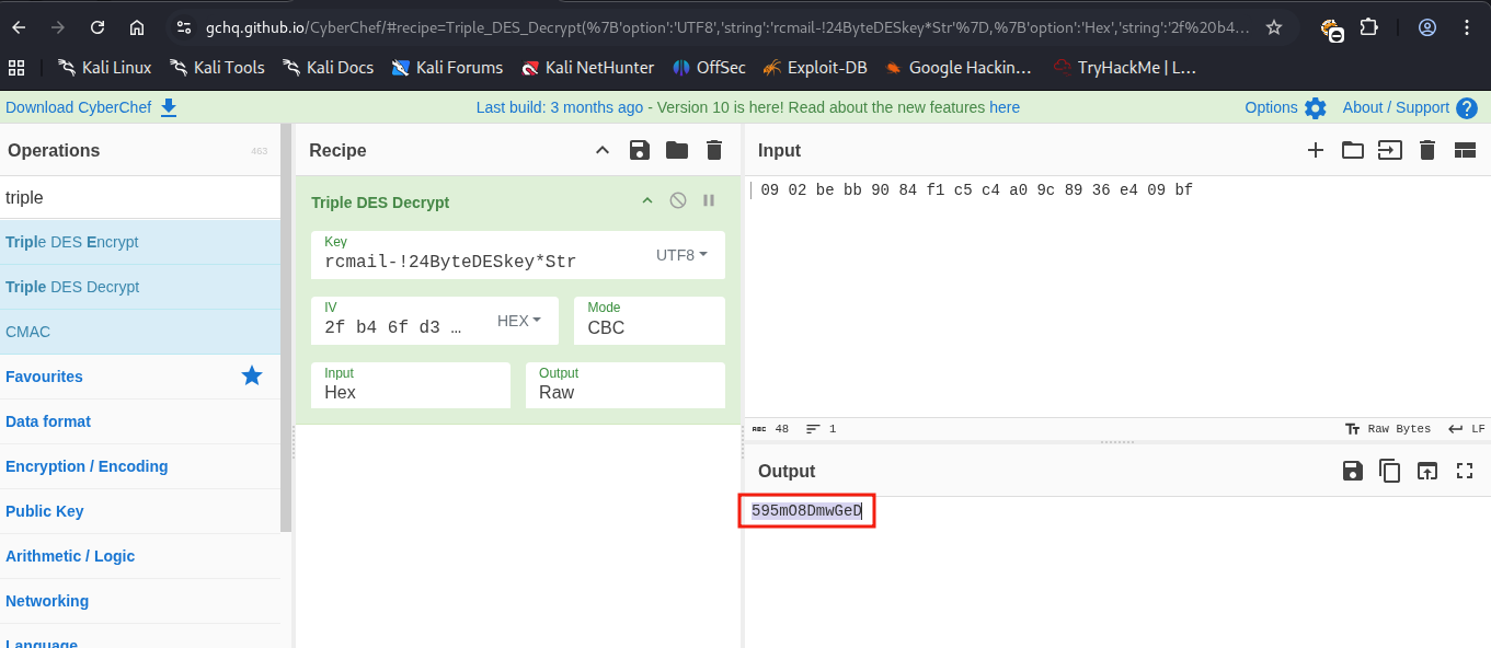A imagem mostra que o password foi decriptado. A senha em texto plano é 595mO8DmwGeD