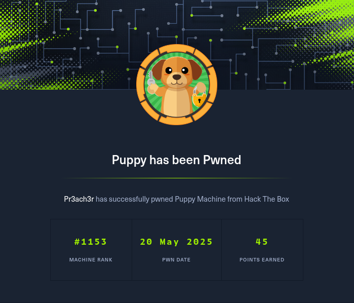 Mesma imagem do início, mas abaixo está escrito: Puppy has been pwned