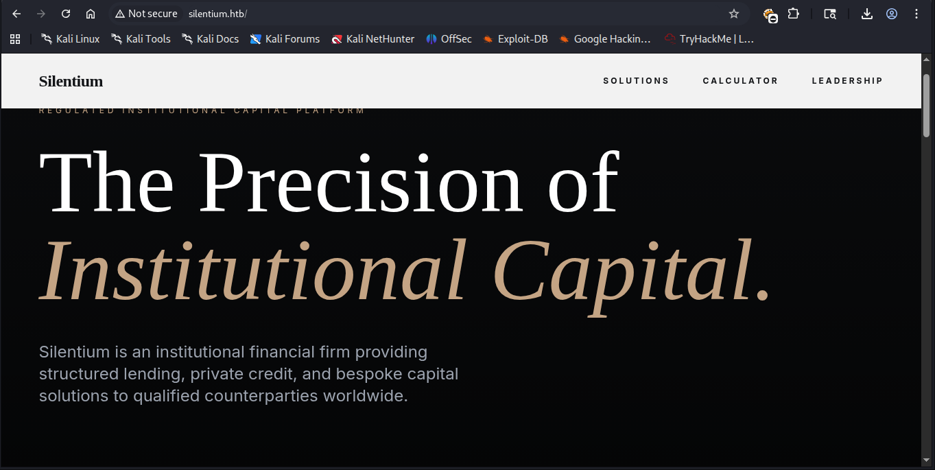 A imagem mostra a home page do site silentium.htb