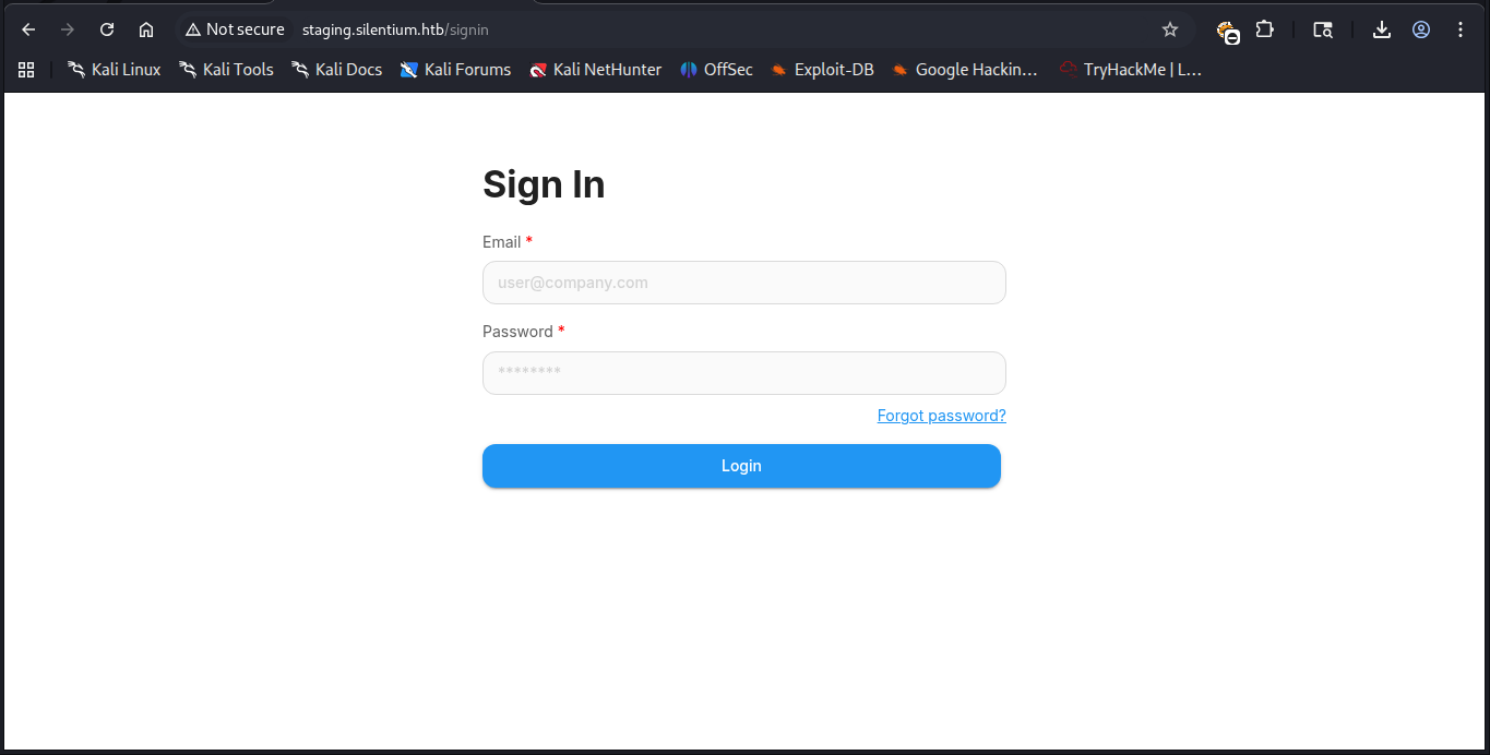 A imagem mostra a pagina de login no subdomínio staging.silentium.htb
