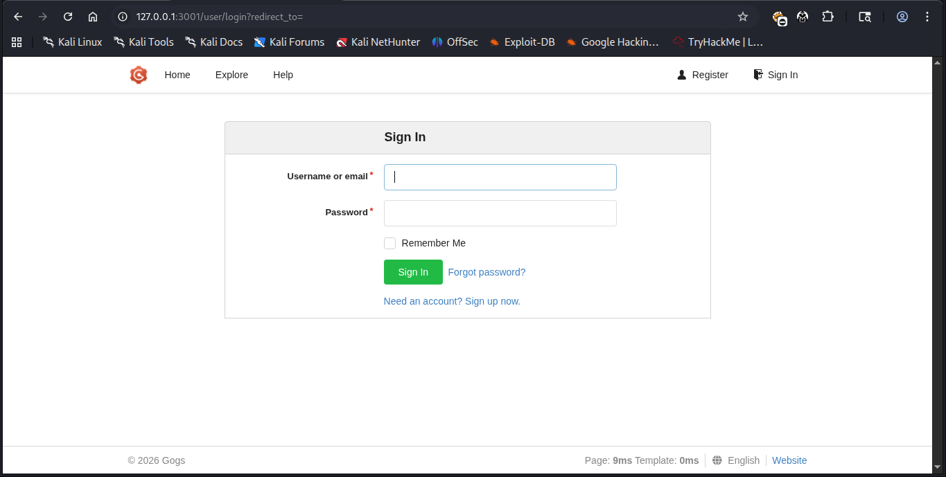 A imagem mostra a página de login do Gogs