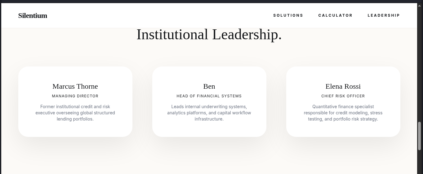 Na imagem vemos três nomes de chefes da silentium.htb: Marcus Thorne, Ben e Elena Rossi