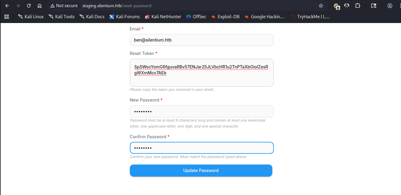 A imagem mostra a página reset-password. Na imagem vemos os campos preenchidos para criar uma nova senha para o usuário ben