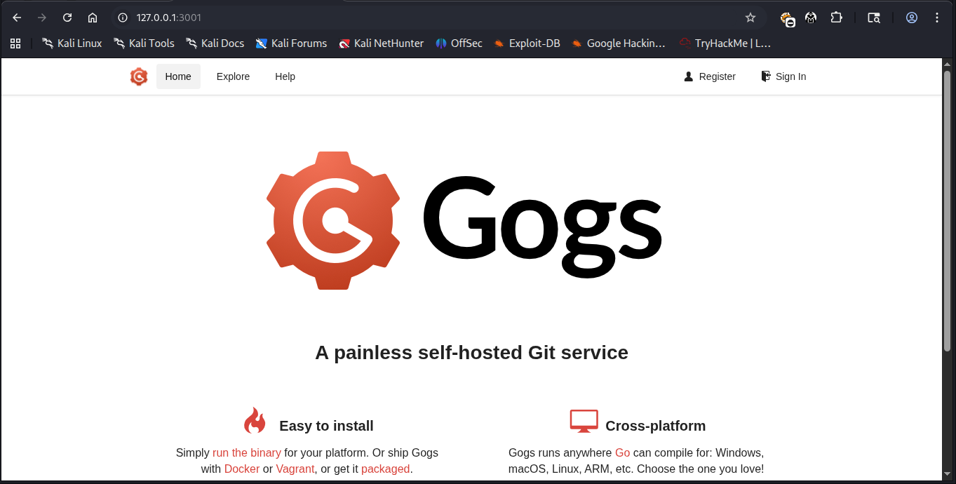 A imagem mostra a home page do Gogs
