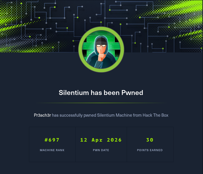 A imagem mostra o banner da máquina. Abaixo está escrito: Silentium has been pwned
