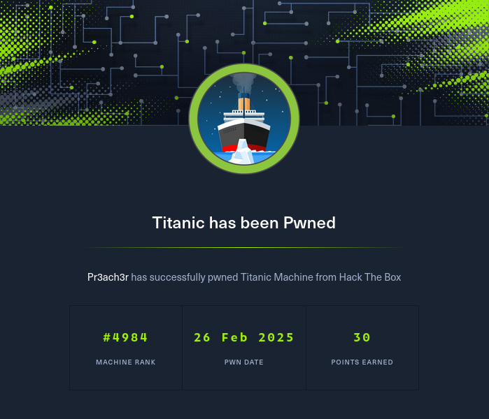 Mesma imagem do início, porém agora está escrito: Titanic has been Pwned
