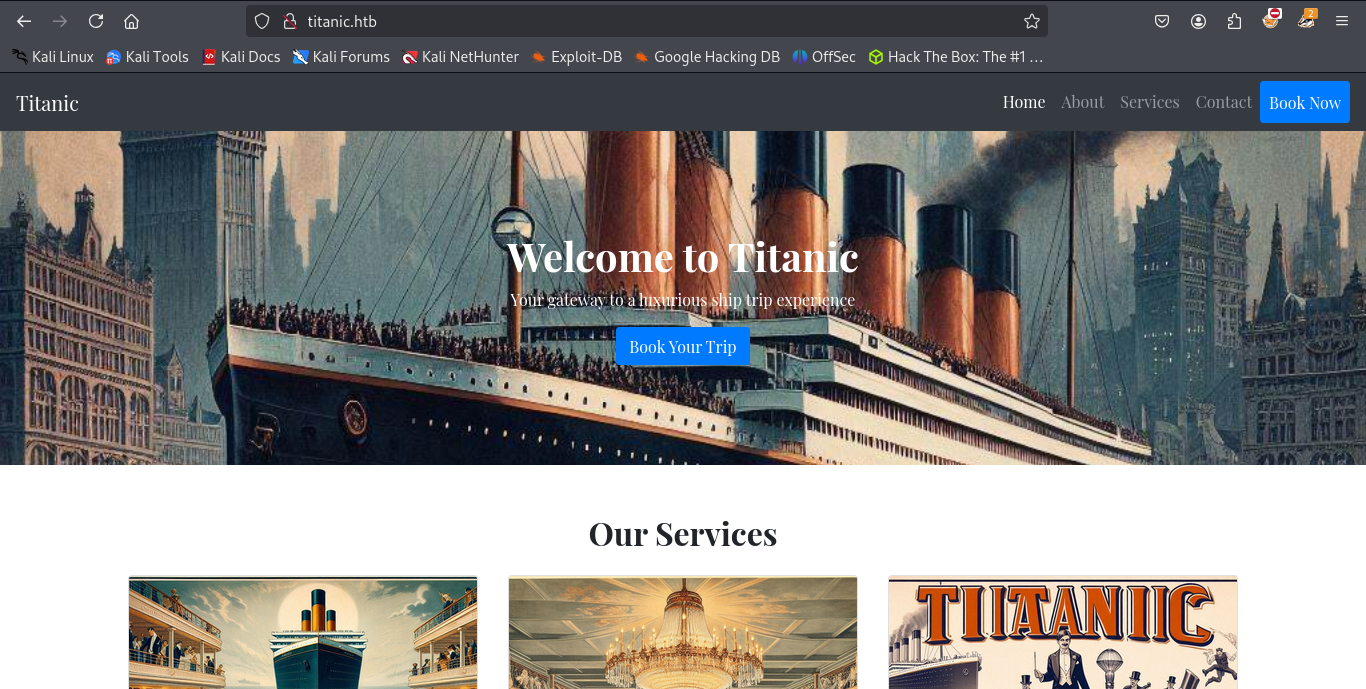 A imagem mostra a home page do site. Nela vemos várias imagens do navio Titanic.