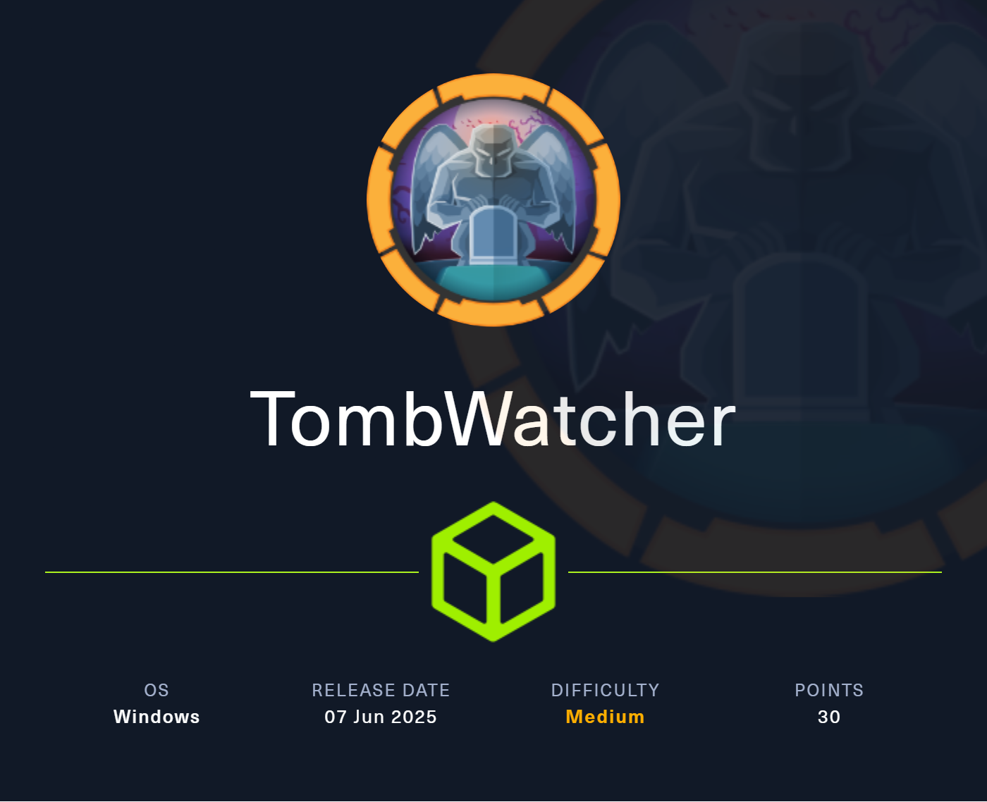 A imagem mostra um gárgula vigiando sobre uma lápide. Abaixo lemos o nome da máquina: TombWatcher