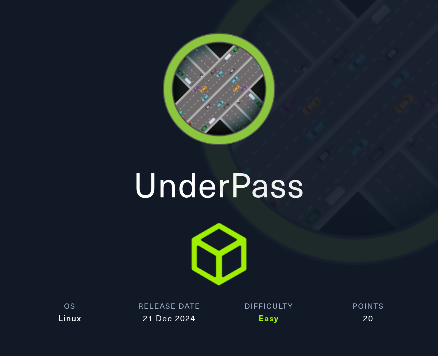 HTB Banner: A imagem mostra duas rodovias sobrepostas em forma de X. Abaixo vemos o nome da máquina- UnderPass