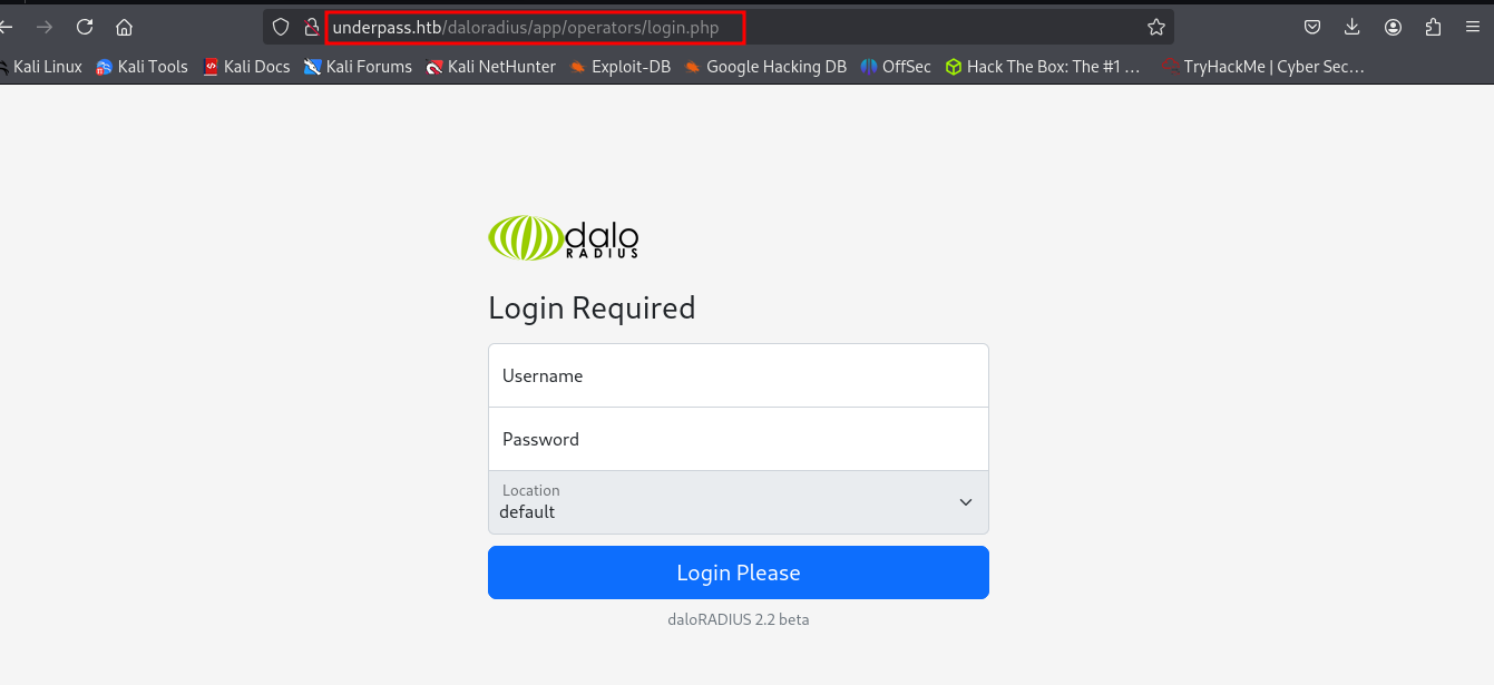 A imagem mostra a página de login do daloradius